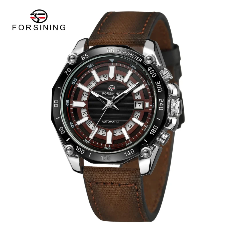 Skeleton Automatic Watch with Complete Calendar, Luminous Dial and Orange Leather Strap - Image 8