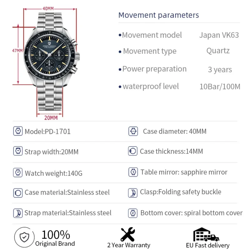 Luxury Chronograph Quartz Watch with Sapphire Crystal and Stainless Steel Bracelet - Image 6