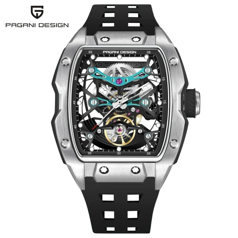 Skeleton Automatic Watch with Tonneau Case Sapphire Crystal and Silicone Strap - Image 7