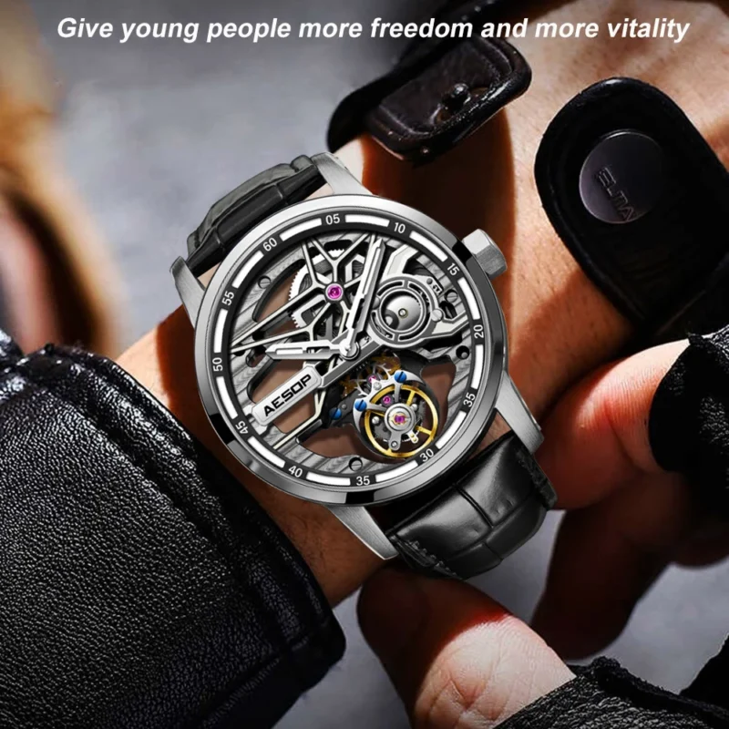 Luxury Flying Tourbillon Skeleton Mechanical Watch with Sapphire Crystal and Leather Strap - Image 6