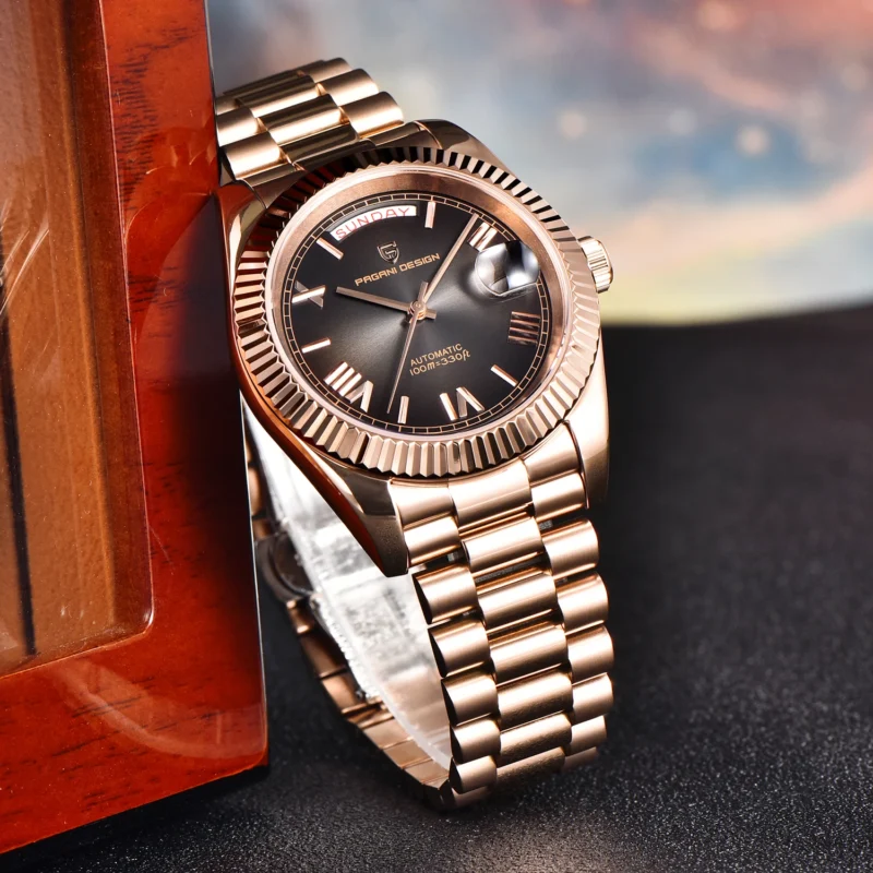 Luxury Automatic Rose Gold Watch with Sapphire Crystal and Complete Calendar Stainless Steel Bracelet - Image 5