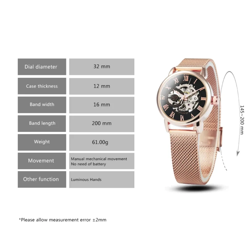 Ladies Skeleton Mechanical Watch with Rose Gold Case and Mesh Steel Bracelet - Image 6