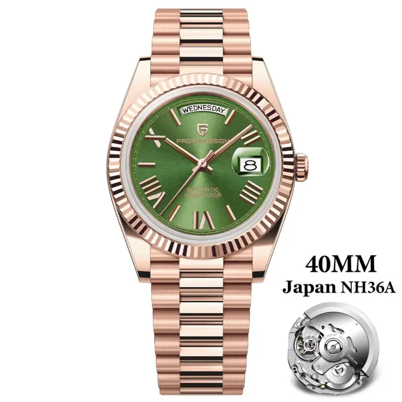 Luxury Automatic Rose Gold Watch with Sapphire Crystal and Complete Calendar Stainless Steel Bracelet - Image 8