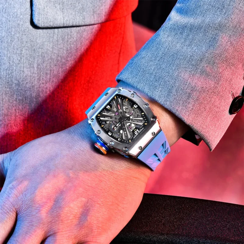 Skeleton Dial Rectangle Quartz Watch with Sapphire Crystal and Rubber Strap - Image 4