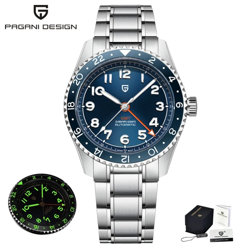 GMT Automatic Mechanical Watch with Sapphire Crystal and Stainless Steel Bracelet - Image 7