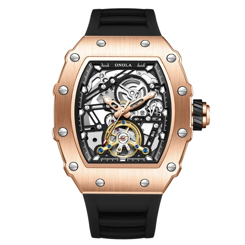 Skeleton Dial Automatic Mechanical Watch with Flywheel Display and Silicone Strap - Image 13
