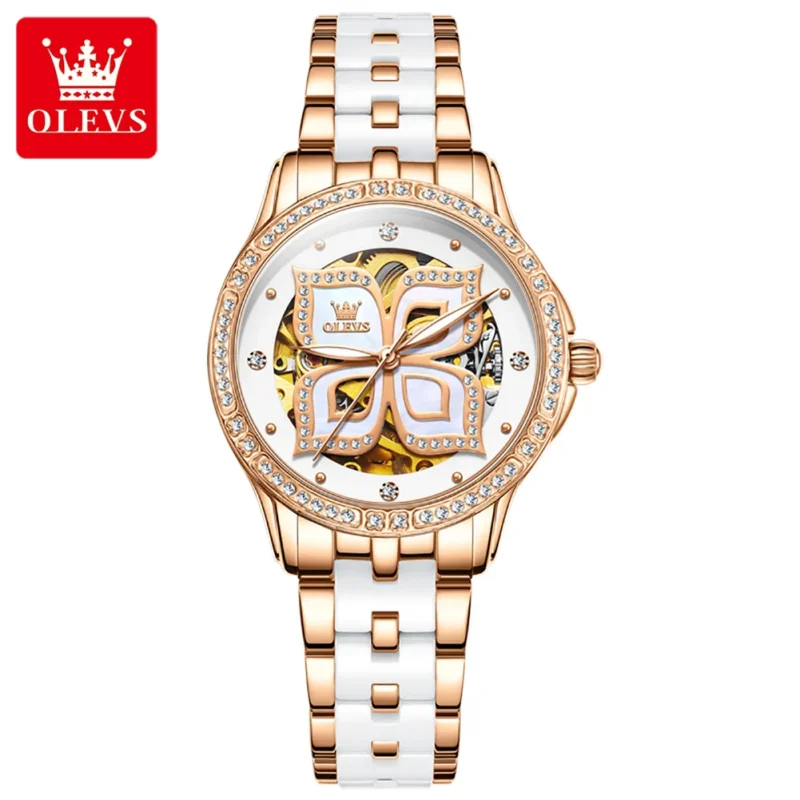 Elegant Ladies Automatic Butterfly Dial Watch with Ceramic Band and Luminous Display - Image 8