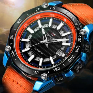Skeleton Automatic Watch with Complete Calendar, Luminous Dial and Orange Leather Strap