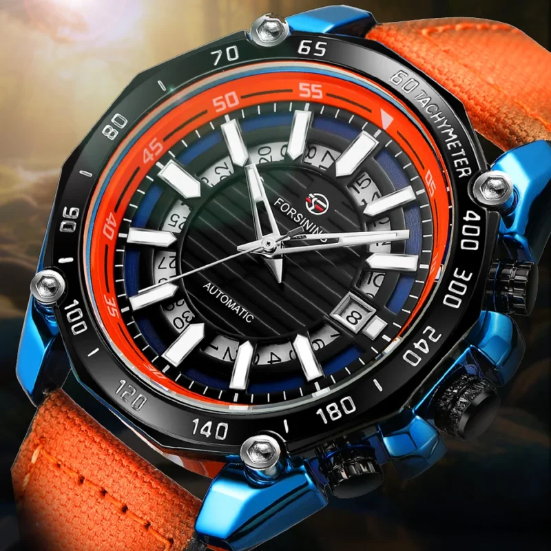 Skeleton Automatic Watch with Complete Calendar, Luminous Dial and Orange Leather Strap