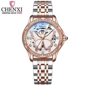 Ladies Luxury Automatic Watch with Skeleton Dial and Stainless Steel Bracelet