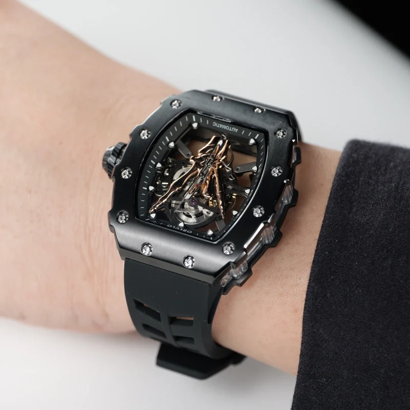 Skeleton Tonneau Automatic Watch with Black PVD Case and Rubber Strap - Image 3