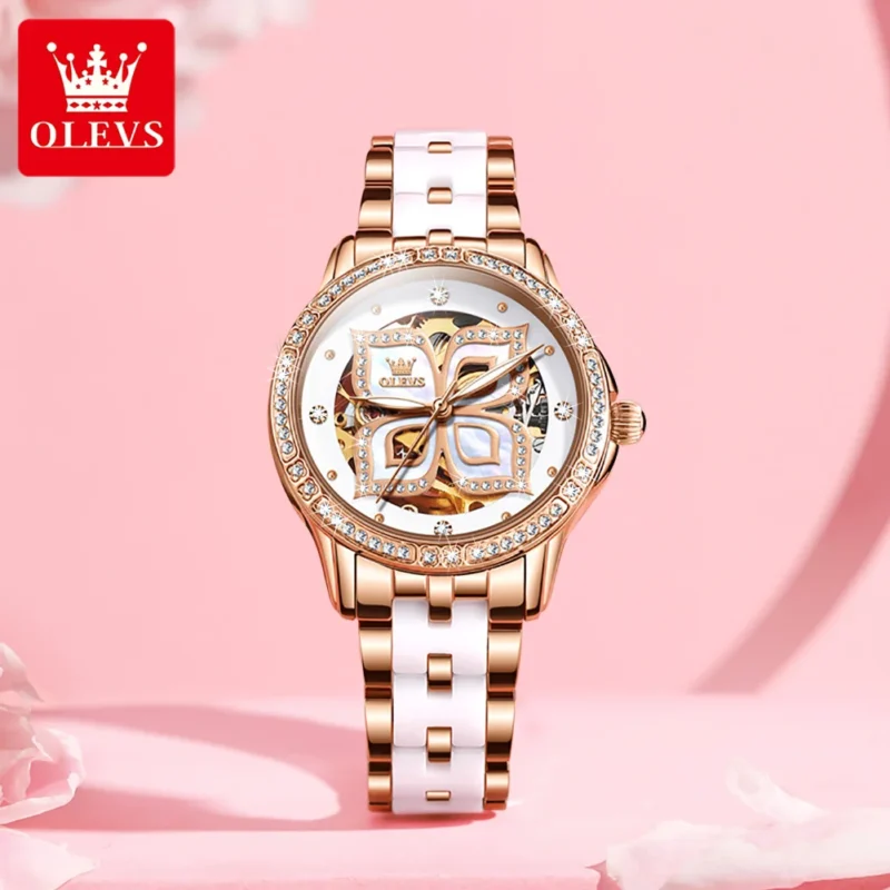 Elegant Ladies Automatic Butterfly Dial Watch with Ceramic Band and Luminous Display - Image 2