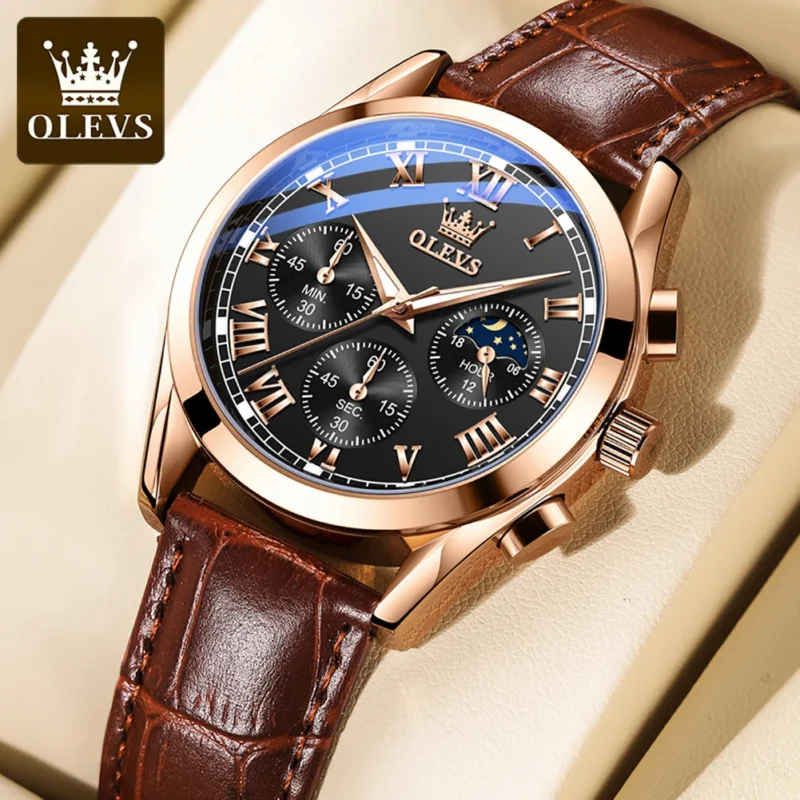 Elegant Moon Phase Quartz Watch with Leather Strap and Luminous Display - Image 7