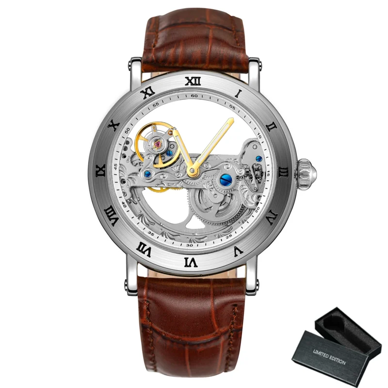 Luxury Skeleton Automatic Watch with Roman Numerals and Genuine Leather Strap - Image 9
