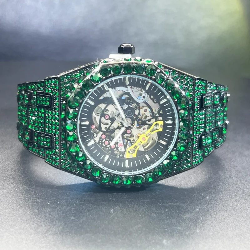 Luxury Skeleton Tourbillon Automatic Watch with Diamond Accents and Green Dial - Image 4