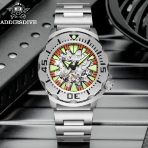 Professional Skeleton Automatic Dive Watch with Sapphire Crystal and Stainless Steel Bracelet