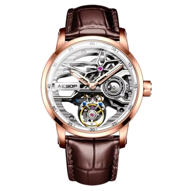 Luxury Flying Tourbillon Skeleton Mechanical Watch with Sapphire Crystal and Leather Strap - Image 9