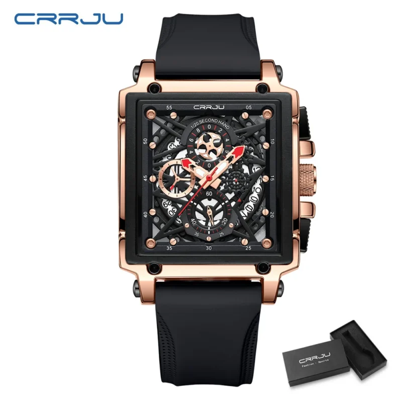 Square Chronograph Quartz Watch with Hollow Design and Silicone Strap - Image 12