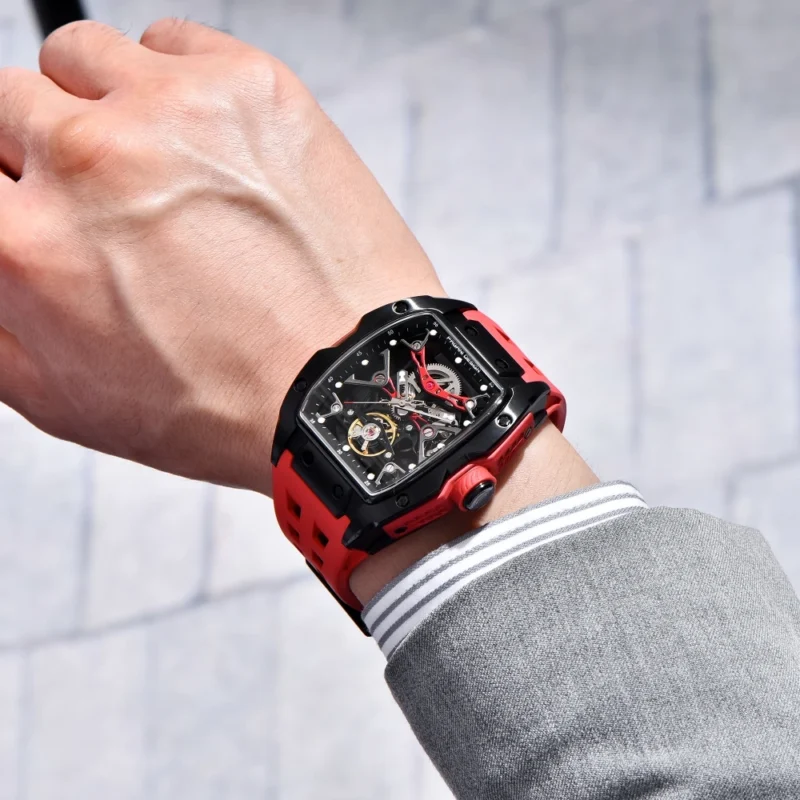 Skeleton Automatic Watch with Tonneau Case Sapphire Crystal and Silicone Strap - Image 4
