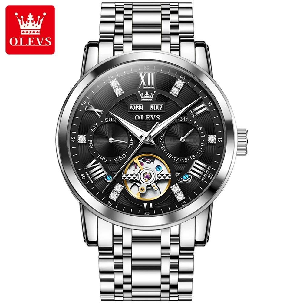 Multi-function skeleton automatic watch with dual calendar display