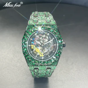 Luxury Skeleton Tourbillon Automatic Watch with Diamond Accents and Green Dial