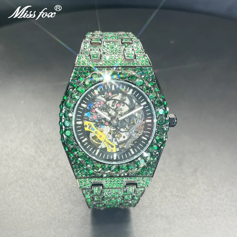 Luxury Skeleton Tourbillon Automatic Watch with Diamond Accents and Green Dial