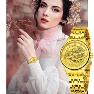 Luxury Skeleton Automatic Ladies Watch with Diamond Dial and Stainless Steel Bracelet