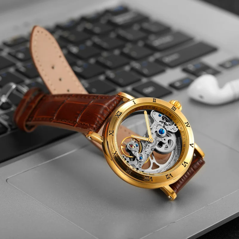 Luxury Skeleton Automatic Watch with Roman Numerals and Genuine Leather Strap - Image 3