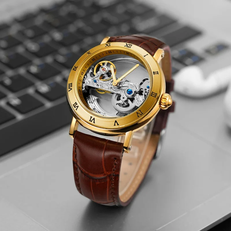Luxury Skeleton Automatic Watch with Roman Numerals and Genuine Leather Strap - Image 2