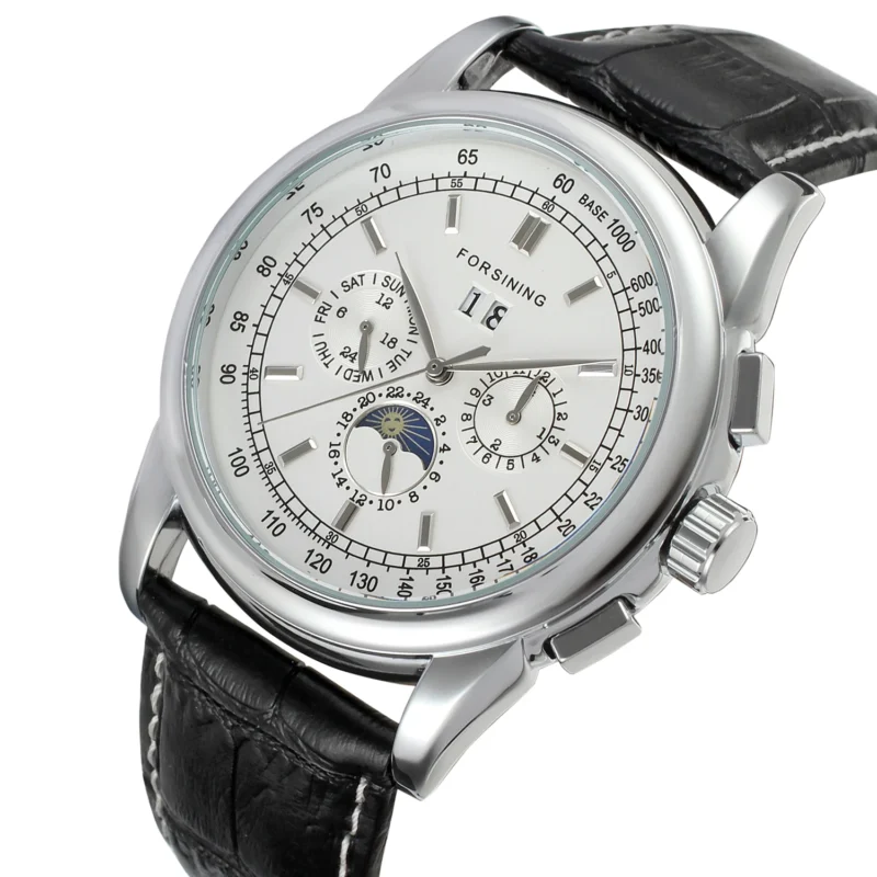 Moon Phase Automatic Watch with Calendar Function Sapphire Crystal Stainless Steel Case and Leather Strap - Image 9