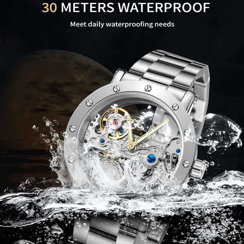 Skeleton Tourbillon Automatic Watch with Luminous Dial and Stainless Steel Bracelet - Image 4