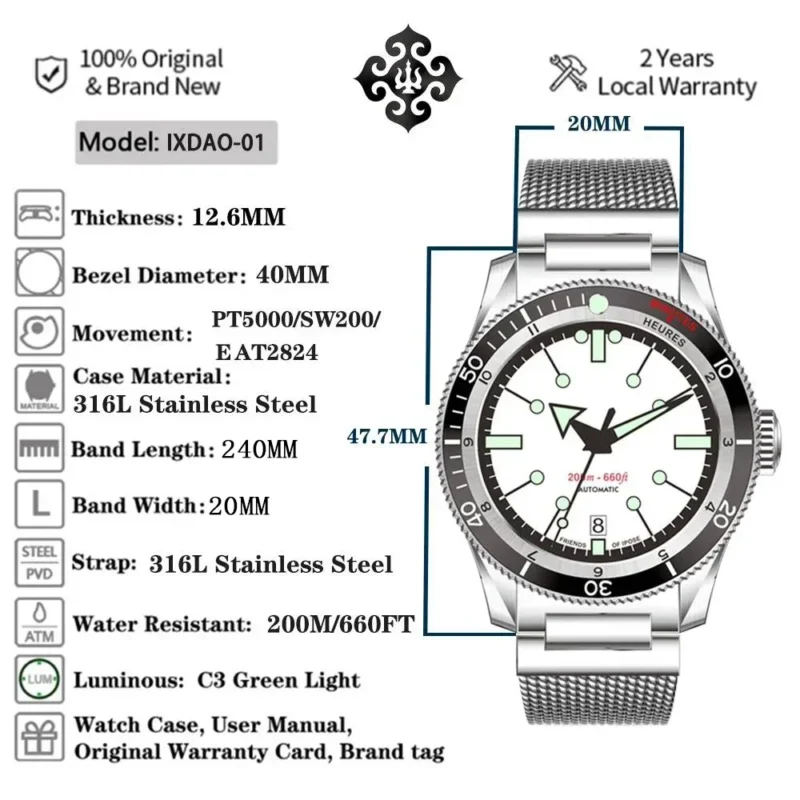 Premium Automatic Dive Watch with PT5000 Movement and Sapphire Crystal on Stainless Steel Bracelet - Image 4