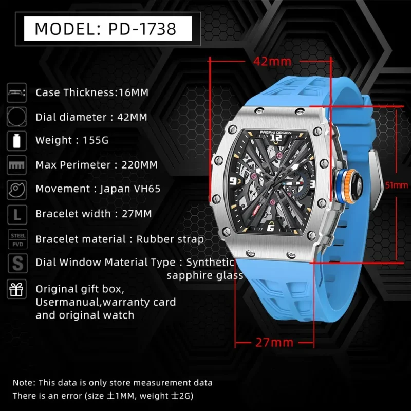 Skeleton Dial Rectangle Quartz Watch with Sapphire Crystal and Rubber Strap - Image 6
