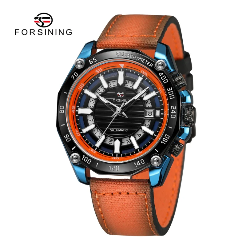 Skeleton Automatic Watch with Complete Calendar, Luminous Dial and Orange Leather Strap - Image 2