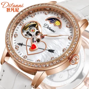Ladies Elegant Automatic Moon Phase Watch with Diamond Accents and Genuine Leather Strap