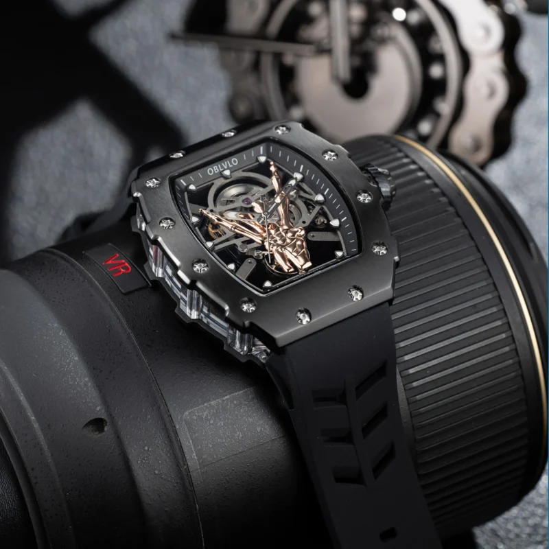 Skeleton Tonneau Automatic Watch with Black PVD Case and Rubber Strap - Image 2