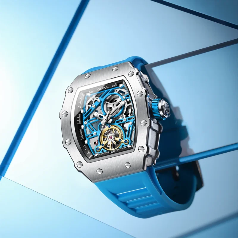 Skeleton Dial Automatic Mechanical Watch with Flywheel Display and Silicone Strap - Image 4
