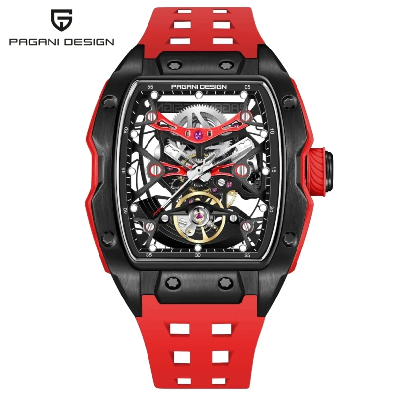 Skeleton Automatic Watch with Tonneau Case Sapphire Crystal and Silicone Strap - Image 11