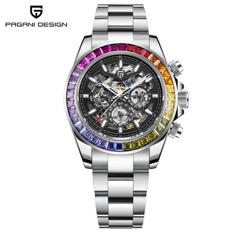 PAGANI DESIGN Luxury Automatic Dive Watch with Rainbow Bezel and Stainless Steel Bracelet - Image 7