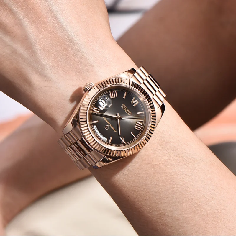Luxury Automatic Rose Gold Watch with Sapphire Crystal and Complete Calendar Steel Bracelet - Image 2