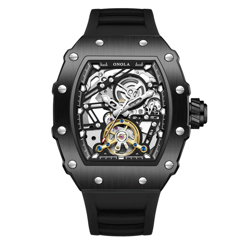 Skeleton Dial Automatic Mechanical Watch with Flywheel Display and Silicone Strap - Image 12