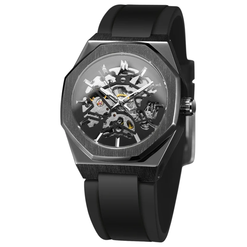 Octagon Skeleton Automatic Watch with Stainless Steel Case and Rubber Strap - Image 8
