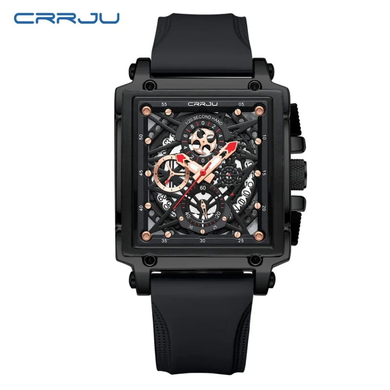 Square Chronograph Quartz Watch with Hollow Design and Silicone Strap - Image 13
