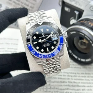 GMT Automatic Watch with Left Crown Sapphire Crystal and Stainless Steel Bracelet