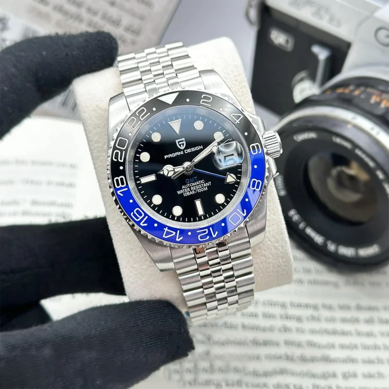 GMT Automatic Watch with Left Crown Sapphire Crystal and Stainless Steel Bracelet