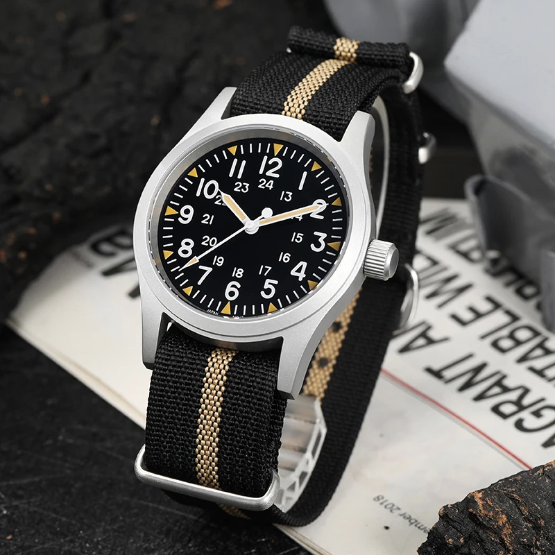 Field watch with high-contrast dial and luminous markers for combat visibility