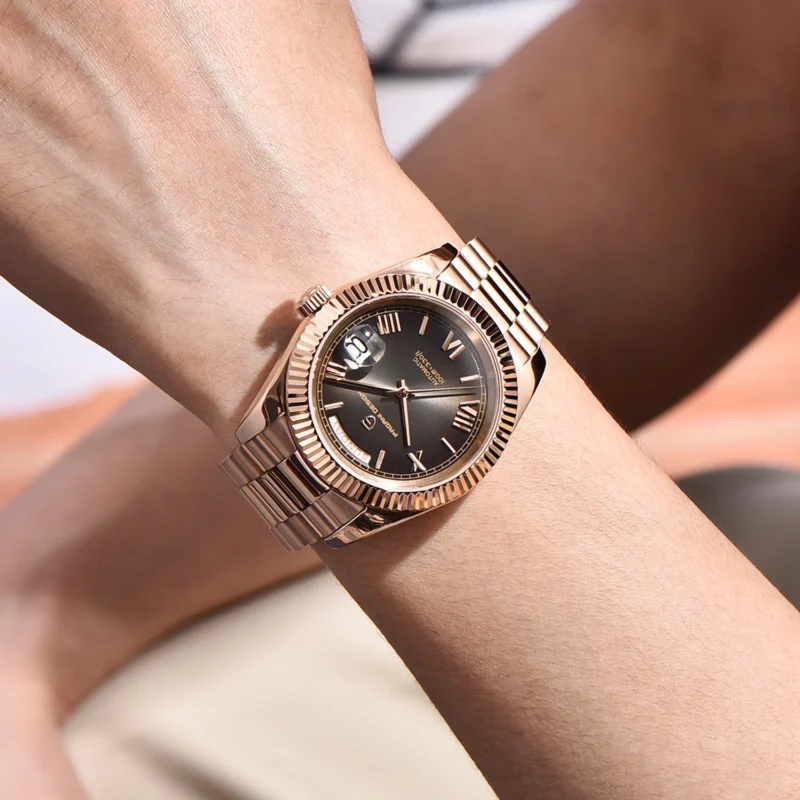 Luxury Automatic Rose Gold Watch with Sapphire Crystal and Complete Calendar Stainless Steel Bracelet - Image 2