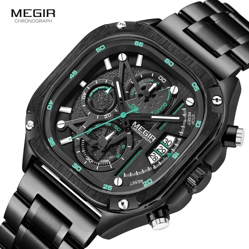 Square Chronograph Quartz Watch with Stainless Steel Bracelet and Luminous Hands - Image 2