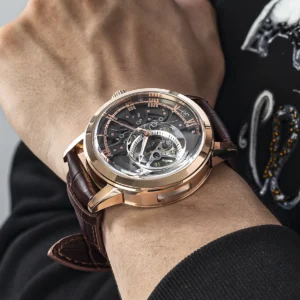 Luxury Skeleton Automatic Watch with Exhibition Dial and Leather Strap