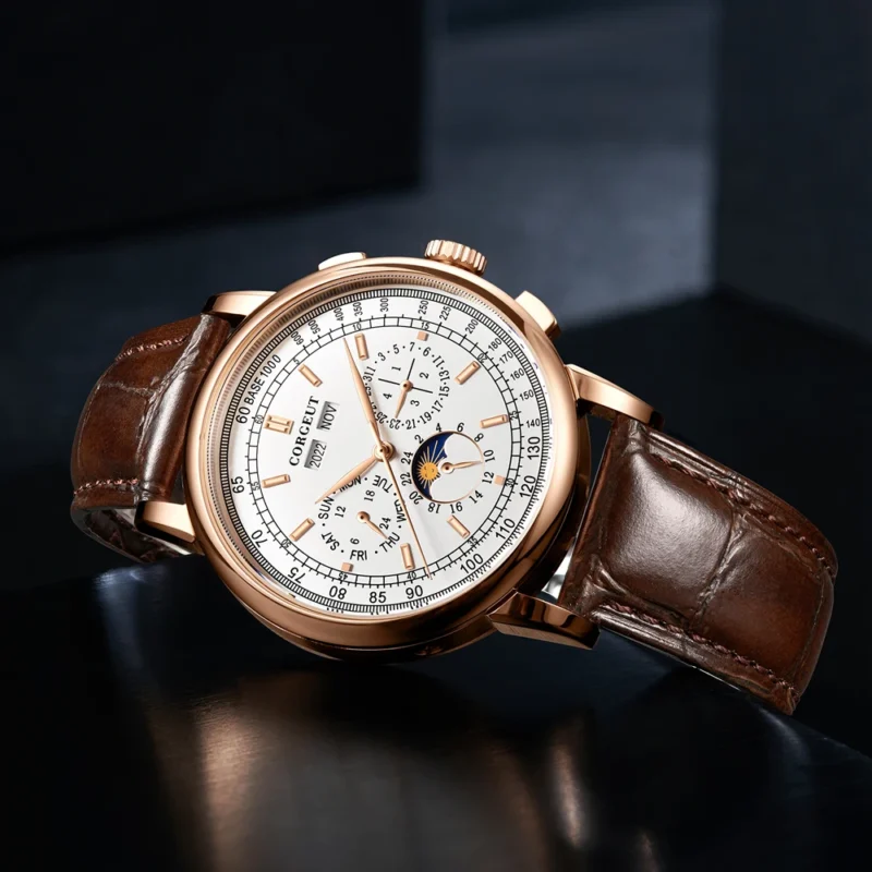 Luxury Moonphase Automatic Watch with Multi-Calendar Display and Genuine Leather Strap - Image 5